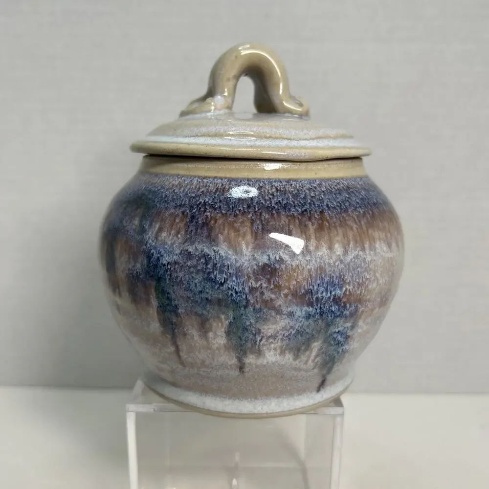 Pearsall Stoneware Art Studio Pottery Lidded Honey Pot / Jam Jar Blue Drip Glaze